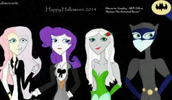 Size: 4760x2776 | Tagged: safe, artist:allamericanchic, derpibooru import, fluttershy, rarity, soarin', zecora, human, equestria girls, batman, batman the animated series, batsignal, catwoman, crossover, halloween, holiday, humanized, monocle, poison ivy, the penguin, two-face