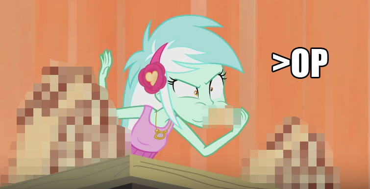 Size: 755x386 | Tagged: questionable, derpibooru import, edit, edited screencap, screencap, lyra heartstrings, all's fair in love and friendship games, equestria girls, friendship games, caption, censored, image macro, lyra scarfing down weiners, meme, op, op is a faggot, solo, text, unnecessary censorship, vulgar