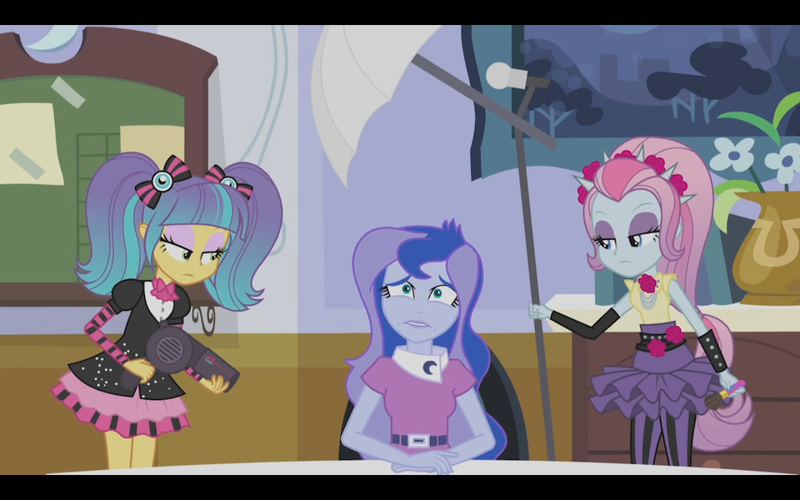 Size: 1440x900 | Tagged: safe, derpibooru import, screencap, pixel pizazz, princess luna, violet blurr, equestria girls, friendship games, photo finished, didn't think this through, luna's office, oh crap face, vice principal luna