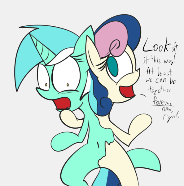 Size: 773x781 | Tagged: artist:mr. rottson, bon bon, derpibooru import, dialogue, fusion, hilarious in hindsight, lyrabon (fusion), lyra heartstrings, pushmi-pullyu, safe, simple background, sweetie drops, together forever
