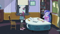 Size: 480x270 | Tagged: safe, derpibooru import, screencap, photo finish, pixel pizazz, princess luna, violet blurr, equestria girls, friendship games, photo finished, animated, didn't think this through, luna's office, oh crap face, the snapshots, this is gonna suck, vice principal luna