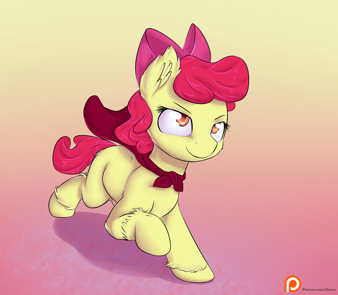 Size: 1600x1400 | Tagged: adorabloom, apple bloom, apple bloom's bow, artist:alasou, bow, cape, clothes, cmc cape, cute, derpibooru import, hair bow, patreon, patreon logo, running, safe, solo, unshorn fetlocks
