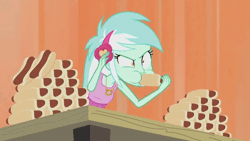 Size: 718x404 | Tagged: safe, derpibooru import, screencap, lyra heartstrings, all's fair in love and friendship games, equestria girls, friendship games, animated, eating, food, hot dog, lyra scarfing down weiners, meat, regurgitation, reversed, sausage, solo