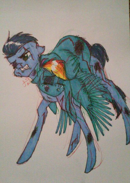 Size: 1024x1438 | Tagged: semi-grimdark, artist:paris-the-platypus, derpibooru import, rainbow dash, soarin', blood, female, injured, male, shipping, soarindash, straight, traditional art