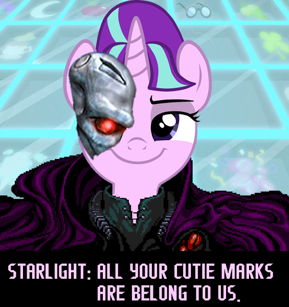 Size: 666x707 | Tagged: all your base are belong to us, cats (zero wing), derpibooru import, safe, smiling, smirk, smug, smuglight glimmer, solo, starlight glimmer, zero wing