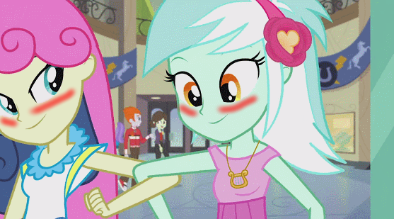 Size: 557x309 | Tagged: safe, derpibooru import, edit, screencap, aqua blossom, bon bon, heath burns, lyra heartstrings, sophisticata, sweetie drops, all's fair in love and friendship games, equestria girls, friendship games, background human, blushing, female, lesbian, linked arms, lyrabon, shipping