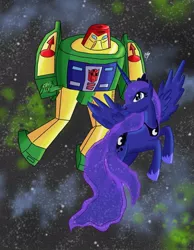 Size: 788x1014 | Tagged: safe, artist:kartoon12, derpibooru import, princess luna, alicorn, pony, robot, cosmos (transformers), crossover, duo, female, g4, mare, space, stars, the cosmos, transformers