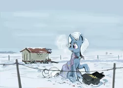 Size: 1280x914 | Tagged: safe, artist:agm, derpibooru import, trixie, pony, unicorn, cape, caravan, clothes, coin, fargo, fargo (series), female, mare, money, scene interpretation, snow, solo, trixie's cape, trixie's wagon, wagon, winter