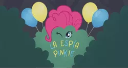 Size: 1366x730 | Tagged: safe, derpibooru import, screencap, pinkie pie, equestria girls, friendship games, pinkie spy (short), balloon, hair, hiding, mane, solo, spain, spanish