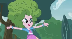 Size: 1366x735 | Tagged: safe, derpibooru import, screencap, pinkie pie, equestria girls, friendship games, pinkie spy (short), behaving like a tree, bush, hair, hiding, hug, incoming hug, mane, wig