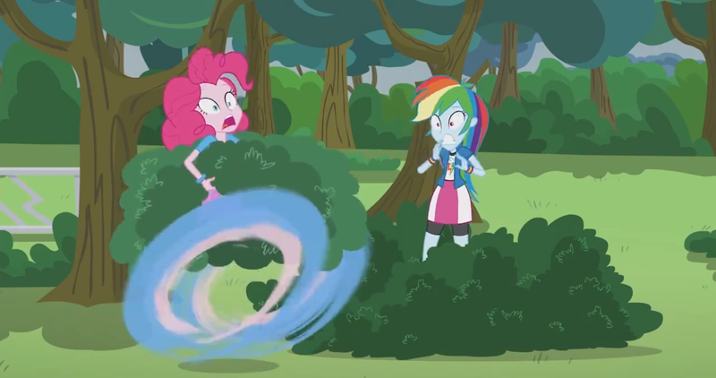 Size: 1366x721 | Tagged: safe, derpibooru import, screencap, pinkie pie, rainbow dash, equestria girls, friendship games, pinkie spy (short), bush, gotta go fast, hiding, motion blur, running, running in place, wheel o feet