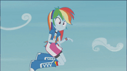 Size: 642x360 | Tagged: safe, derpibooru import, screencap, rainbow dash, equestria girls, friendship games, pinkie spy (short), animated, boots, cartoon physics, clothes, compression shorts, falling, shoes, skirt, socks, solo
