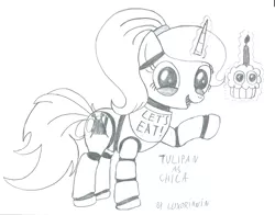 Size: 6510x5100 | Tagged: absurd resolution, artist:luxorzasty, chica, crossover, cupcake, derpibooru import, five nights at freddy's, food, monochrome, oc, oc:tulipan, safe, traditional art