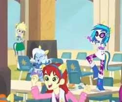 Size: 275x229 | Tagged: safe, derpibooru import, screencap, derpy hooves, mystery mint, nolan north, scribble dee, trixie, vinyl scratch, equestria girls, equestria girls (movie), background human, cropped, helping twilight win the crown, offscreen character