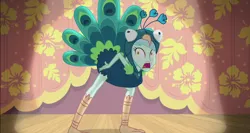 Size: 1366x724 | Tagged: safe, derpibooru import, edit, screencap, lyra heartstrings, bird, peacock, all's fair in love and friendship games, equestria girls, friendship games, animal costume, bird costume, clothes, costume, fight, frown, looking at you, lyrabird, lyrebird, open mouth, solo, spotlight, stage, wat, wide eyes