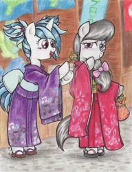 Size: 900x1169 | Tagged: artist:oriwhitedeer, clothes, derpibooru import, furisode, kimono (clothing), octavia melody, safe, sakura matsuri, sandals, semi-anthro, vinyl scratch, yukata