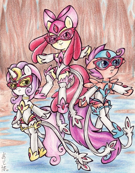 Size: 900x1150 | Tagged: apple bloom, artist:oriwhitedeer, azelf, cutie mark crusaders, derpibooru import, mesprit, pokémon, safe, scootaloo, semi-anthro, super sentai, sweetie belle, traditional art, uxie