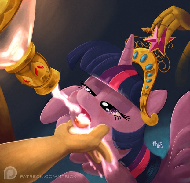 Size: 1200x1157 | Tagged: suggestive, artist:1trick, derpibooru import, discord, twilight sparkle, twilight sparkle (alicorn), alicorn, pony, princess twilight sparkle (episode), bedroom eyes, big crown thingy, blushing, crown, drinking, element of generosity, element of honesty, element of kindness, element of laughter, element of loyalty, element of magic, elements of harmony, female, flashback potion, jewelry, lighting, mare, mysterious white liquid, not milk, open mouth, potion, regalia, squishy cheeks, tongue out