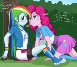 Size: 957x833 | Tagged: safe, artist:uotapo, derpibooru import, pinkie pie, rainbow dash, equestria girls, friendship games, pinkie spy (short), balloon, bedroom eyes, blushing, boots, bracelet, clothes, couple, couples, dialogue, female, fetish, high heel boots, image, jewelry, jpeg, lesbian, love, olfactophilia, parody, pinkiedash, scene interpretation, scene parody, shipping, shoes, short, skirt, sniffing, socks, together, tree