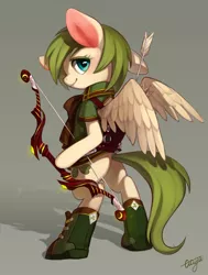 Size: 894x1181 | Tagged: safe, artist:ciciya, derpibooru import, oc, unofficial characters only, pegasus, pony, archer, arrow, bipedal, bow (weapon), bow and arrow, clothes, shoes, solo, weapon