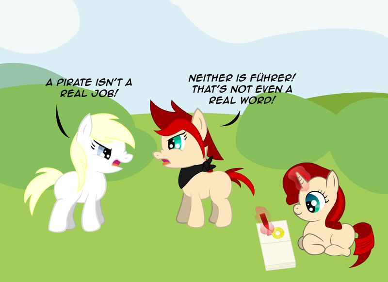 Size: 1486x1080 | Tagged: 8chan, argument, artist:anonymousdrawfig, bush, clothes, cloud, coloring, coloring book, derpibooru import, dialogue, female, filly, frown, meadow, nazi, oc, oc:aryanne, oc:red pone (8chan), oc:ruby (8chan), /pone/, safe, scarf, sky, standing, text, unofficial characters only
