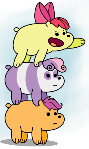 Size: 311x519 | Tagged: safe, artist:changeling #209458, derpibooru import, apple bloom, scootaloo, sweetie belle, bear, pony, #bearstack, bear stack, bearified, bears riding bears, cutie mark crusaders, ponies riding ponies, riding, species swap, sweetie bear, we bare bears