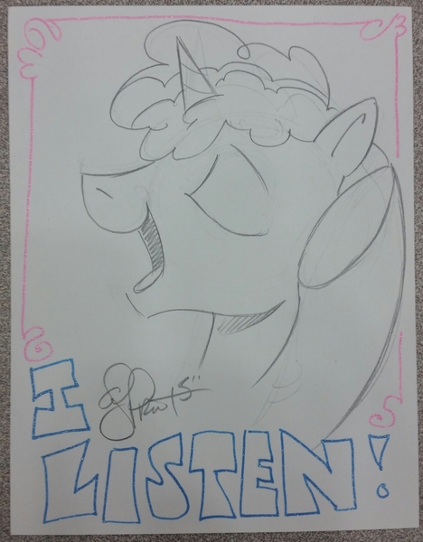 Size: 1975x2531 | Tagged: safe, artist:andypriceart, derpibooru import, party favor, pony, unicorn, blatant lies, exploitable meme, eyes closed, i didn't listen, image macro, male, meme, open mouth, photo, smiling, solo, stallion, subversion, subverted meme, traditional art, underhoof