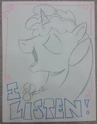 Size: 1975x2531 | Tagged: safe, artist:andypriceart, derpibooru import, party favor, pony, unicorn, blatant lies, exploitable meme, eyes closed, i didn't listen, image macro, male, meme, open mouth, photo, smiling, solo, stallion, subversion, subverted meme, traditional art, underhoof