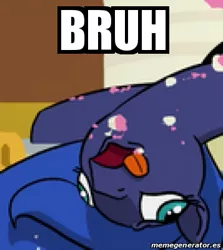 Size: 357x400 | Tagged: safe, artist:doublewbrothers, derpibooru import, princess luna, alicorn, pony, slice of life (episode), bruh, cake, caption, cropped, derp, food, funny, image macro, meme, reaction image, solo, text, tongue out