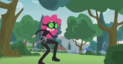 Size: 1366x714 | Tagged: safe, derpibooru import, screencap, pinkie pie, equestria girls, friendship games, pinkie spy (short), cat burglar, catsuit, goggles, grappling hook, night vision goggles, pinkie spy, rope, sam fisher, splinter cell, stealth, stealth suit