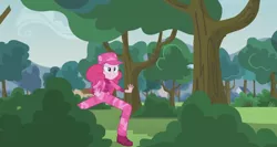 Size: 1366x727 | Tagged: safe, derpibooru import, screencap, pinkie pie, equestria girls, friendship games, pinkie spy (short), bush, camouflage, clothes, crystal prep academy, female, grin, pinkie spy, smiling, smirk, solo, tree, uniform