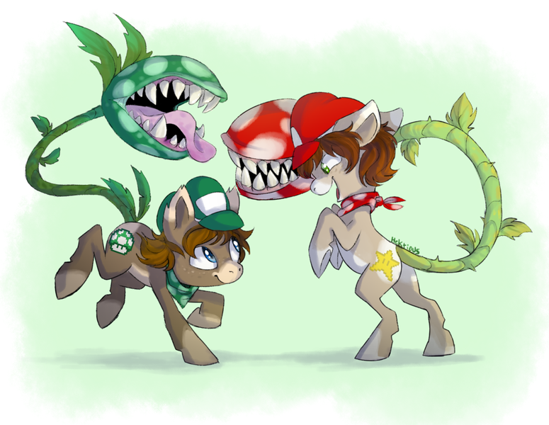 Size: 1280x991 | Tagged: artist:hektious, augmented tail, cap, derpibooru import, fireball, hat, luigi, mario, mario's hat, monster pony, oc, oc:8-bit, original species, piranha plant, piranha plant pony, plant, plant pony, safe, super mario bros., unofficial characters only, video game