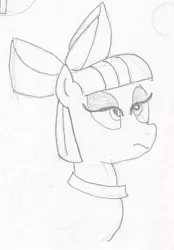 Size: 567x816 | Tagged: safe, artist:barryfrommars, derpibooru import, maud pie, earth pony, pony, apple bloom's bow, bow, bust, female, frown, hair bow, lidded eyes, lineart, mare, monochrome, simple background, solo, traditional art, white background