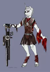 Size: 2204x3171 | Tagged: safe, artist:galgannet, derpibooru import, oc, anthro, classical unicorn, unguligrade anthro, unicorn, armor, caesar's legion, cloven hooves, crossover, fallout, fallout: new vegas, gauss rifle, gun, leonine tail, unshorn fetlocks, weapon