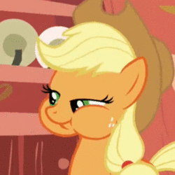 Size: 300x300 | Tagged: safe, derpibooru import, screencap, applejack, earth pony, pony, look before you sleep, animated, applejack's hat, chewing, cowboy hat, eating, female, freckles, gif, hat, mare, puffy cheeks, reaction image, solo, stetson