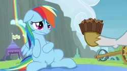 Size: 800x450 | Tagged: apple brown betty (food), belly, derpibooru import, food, rainbow dash, rainbow falls, safe, screencap