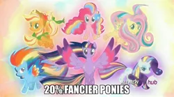 Size: 1280x714 | Tagged: safe, derpibooru import, applejack, fluttershy, pinkie pie, rainbow dash, rarity, twilight sparkle, twilight sparkle (alicorn), alicorn, pony, twilight's kingdom, caption, female, hub logo, image macro, mane six, mare, meme, rainbow power, text, twice as fancy ponies