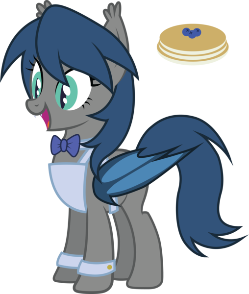 Size: 2313x2734 | Tagged: safe, artist:duskthebatpack, derpibooru import, oc, oc:blueberry pancake, unofficial characters only, bat pony, pony, apron, bat pony oc, bat wings, bowtie, clothes, cufflinks, cuffs (clothes), cute, fangs, female, food, happy, mare, naked apron, open mouth, pancakes, simple background, smiling, solo, transparent background, vector, waitress, wings