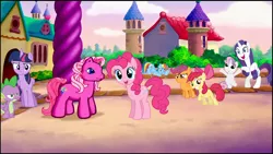 Size: 1280x720 | Tagged: safe, derpibooru import, edit, edited screencap, screencap, apple bloom, pinkie pie, pinkie pie (g3), rainbow dash, rarity, scootaloo, spike, sweetie belle, twilight sparkle, twilight sparkle (alicorn), alicorn, pony, meet the ponies, confused, cutie mark crusaders, g3, generational ponidox, happy, scared, unamused, varying degrees of want