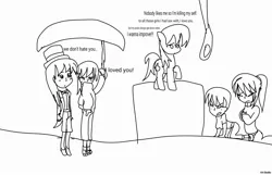 Size: 2490x1600 | Tagged: artist needed, semi-grimdark, derpibooru import, oc, oc:anonymous' teenage niece, oc:flipoff, unofficial characters only, human, pony, dialogue, imminent suicide, monochrome