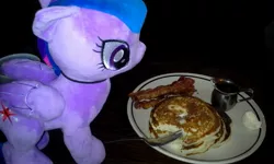 Size: 2560x1536 | Tagged: safe, artist:onlyfactory, derpibooru import, twilight sparkle, twilight sparkle (alicorn), alicorn, pony, bacon, bootleg, female, food, irl, mare, meat, pancakes, photo, plushie, waifu dinner