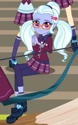 Size: 358x569 | Tagged: safe, derpibooru import, edit, screencap, indigo zap, sour sweet, sugarcoat, equestria girls, friendship games, adorable face, bow (weapon), clothes, cropped, cute, glasses, high heels, looking at you, pigtails, shoes, skirt, smiling, socks, stairs, sugarcute, when she smiles