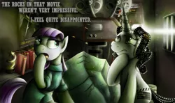 Size: 1250x740 | Tagged: safe, artist:jamescorck, derpibooru import, maud pie, tom, oc, oc:movie slate, earth pony, pony, unicorn, projector, the rock (movie)