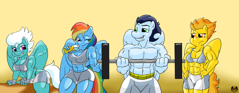 Size: 4000x1560 | Tagged: suggestive, artist:ruckforderungreich, derpibooru import, fleetfoot, rainbow dash, soarin', spitfire, anthro, abs, barbell, bare chest, clothes, female, fitfire, fleetflex, flirting, gym, male, midriff, muscles, one eye closed, partial nudity, rainbuff dash, shipping, shorts, soarindash, soaripped, sports bra, sports shorts, straight, topless, water bottle, weight lifting, wink, wonderbolts, workout outfit