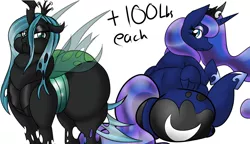 Size: 1650x950 | Tagged: suggestive, artist:mad'n evil, derpibooru import, princess luna, queen chrysalis, alicorn, pony, belly, big belly, butt, chubby, chubby cheeks, crown, fat, huge belly, huge butt, impossibly large belly, impossibly large butt, impossibly wide hips, jewelry, large, large butt, plot, princess moonpig, queen chrysalard, regalia, weight gain, wide hips
