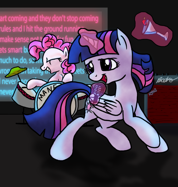 Size: 1080x1134 | Tagged: safe, artist:inkblu, derpibooru import, pinkie pie, twilight sparkle, twilight sparkle (alicorn), alicorn, pony, all star, all star (song), drink, drums, female, karaoke, lyrics, mare, musical instrument, shrek, singing, smash mouth, song reference, text