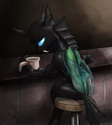 Size: 1793x2000 | Tagged: artist:mykegreywolf, bar, changeling, derpibooru import, detailed, kevin (changeling), lonely, male, mug, realistic, sad, safe, sitting, solo, stool, woobie