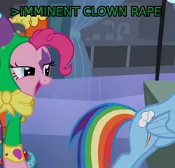 Size: 522x500 | Tagged: caption, clown, derpibooru import, edit, edited screencap, image macro, meme, pinkie pie, rainbow dash, >rape, screencap, suggestive, text, vulgar