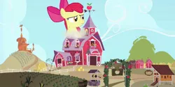 Size: 1000x498 | Tagged: safe, artist:seattlesister, derpibooru import, apple bloom, earth pony, pony, apple, apple bloom's bow, barn, bow, building, corn, coup, destruction, female, food, giant pony, giantess, growth, hair bow, hay, macro, solo, sweet apple acres