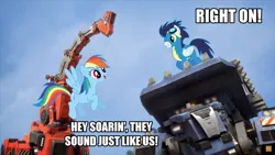 Size: 1920x1080 | Tagged: safe, derpibooru import, screencap, rainbow dash, soarin', pony, ashleigh ball, caption, dinotrux, exploitable meme, image macro, matt hill, meme, same voice actor, skya, text, ton-ton, voice actor joke